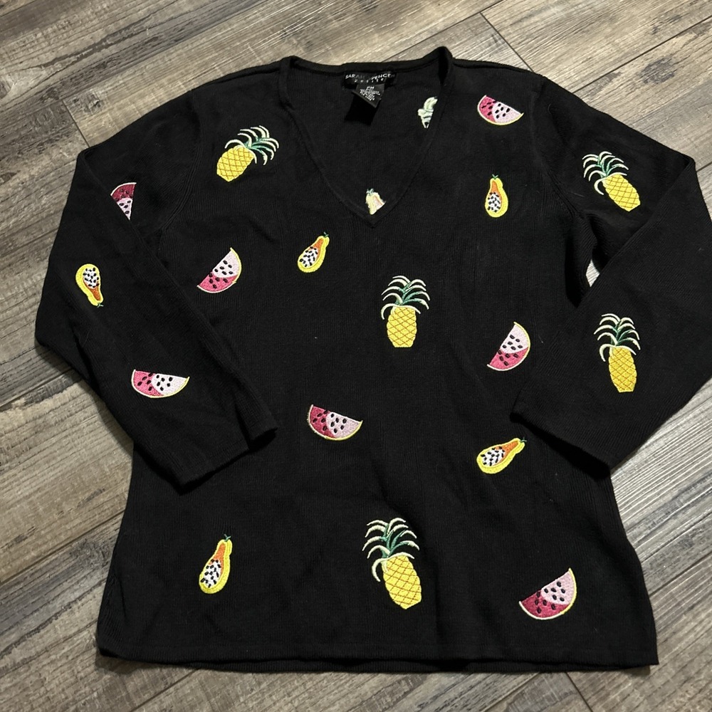 Sarah Spencer Petite Cardigan Womens Sz PM Black Embroidered Fruit